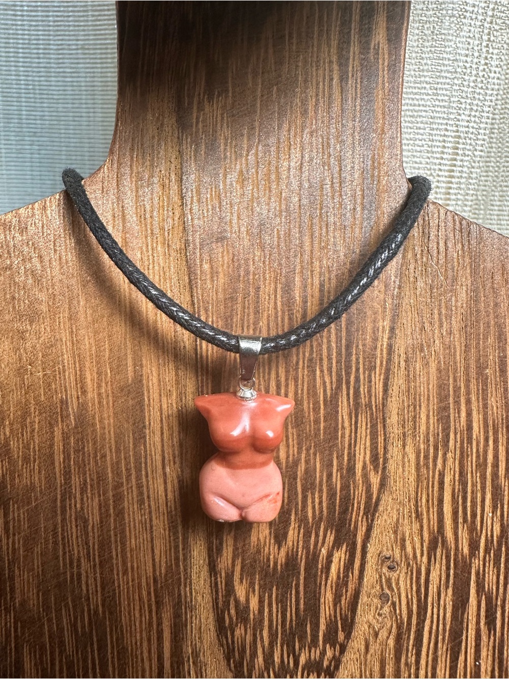Handmade Mini Pink Alashan Agate Lady Body Carving Pendant Necklace on Rope - Picture 7 of 12